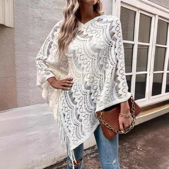 Damen eleganter Poncho mit dekorativem Häkelmuster Heidi-Mode