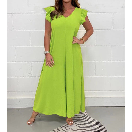 Damen luftiger Jumpsuit mit weit geschnittenem Bein und V-Ausschnitt Heidi-Mode
