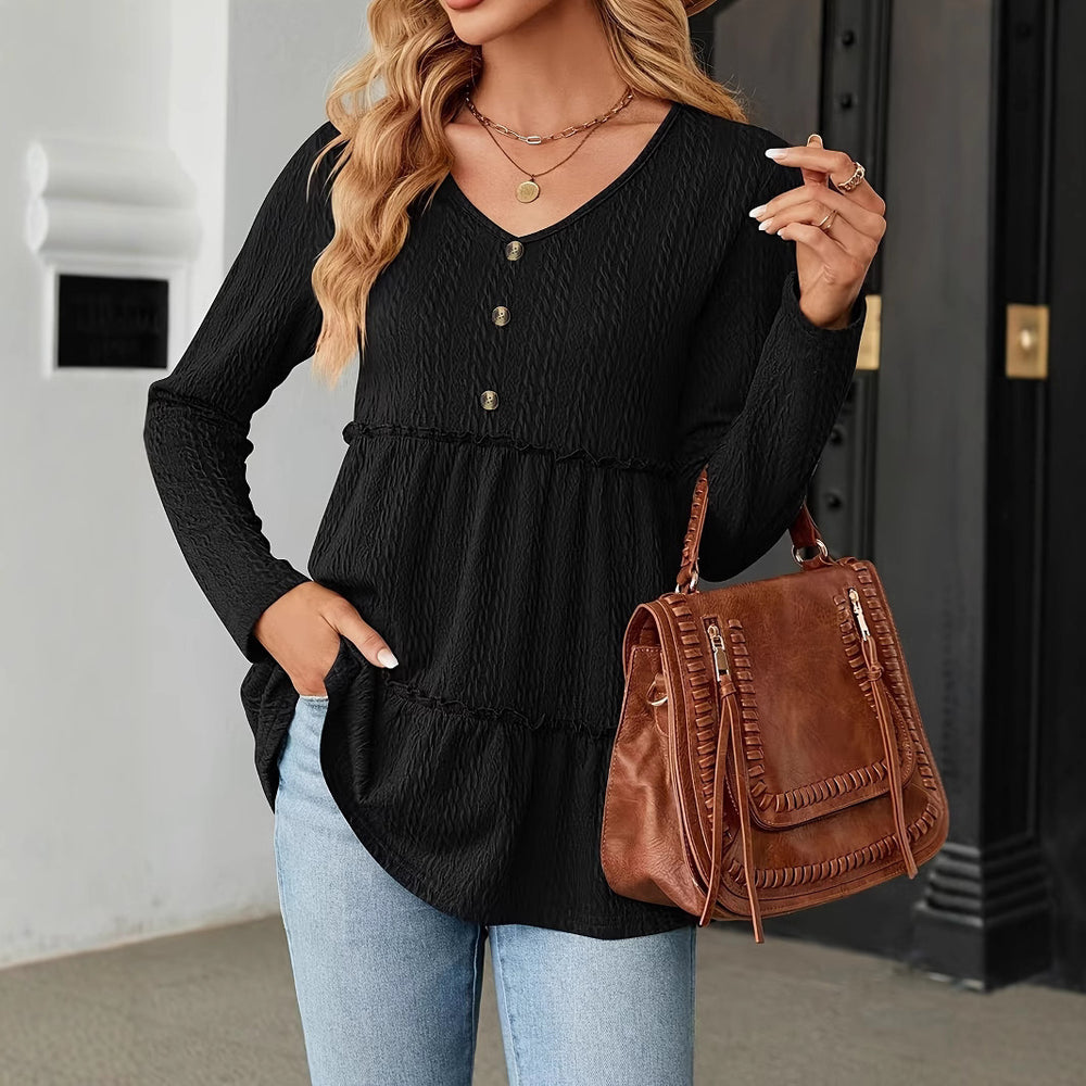 Damen Ärmelloses V-Ausschnitt Shirt mit Knopfdetails und voluminösem Saum Heidi-Mode