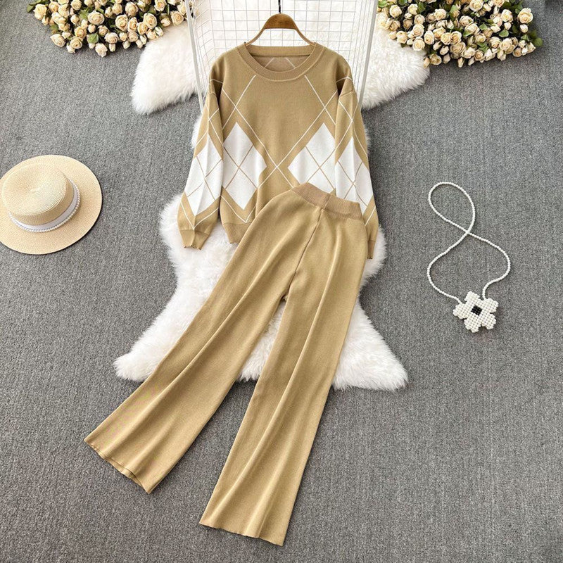 Damen elegantes Strick-Loungewear-Set mit Rautenmuster und weitem Bein Heidi-Mode