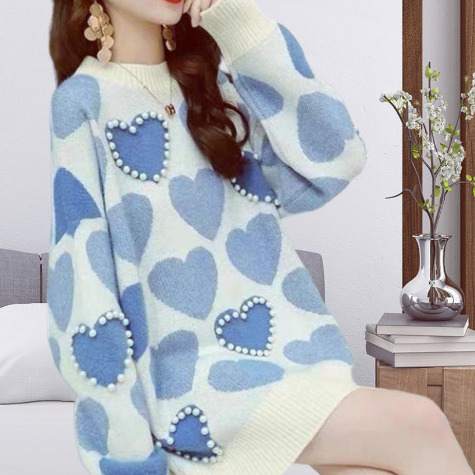Damen Gemusterter Strickpullover mit Herz-Applikationen und Rippkragen Heidi-Mode