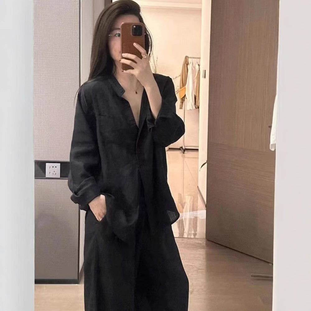 Damen Oversized Hemdblusenset mit weiten Hosen Heidi-Mode