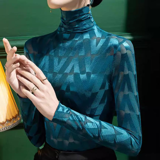 Damen Elegantes Rollkragenoberteil mit geometrischem Muster und transparenten Akzenten Heidi-Mode