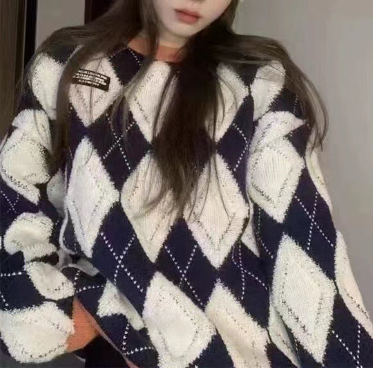Damen Flauschiger Pullover mit modernem Rhombenmuster und lässigem Schnitt Heidi-Mode