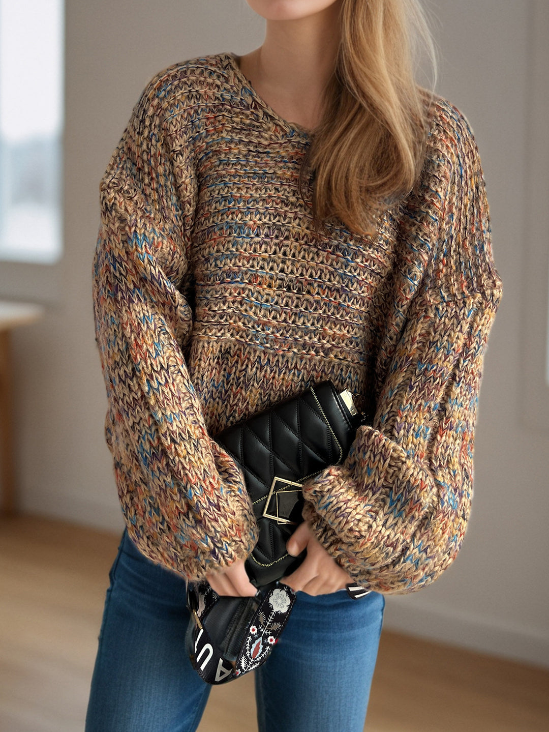 Damen grob gestrickter Pullover mit voluminösen Ärmeln Heidi-Mode