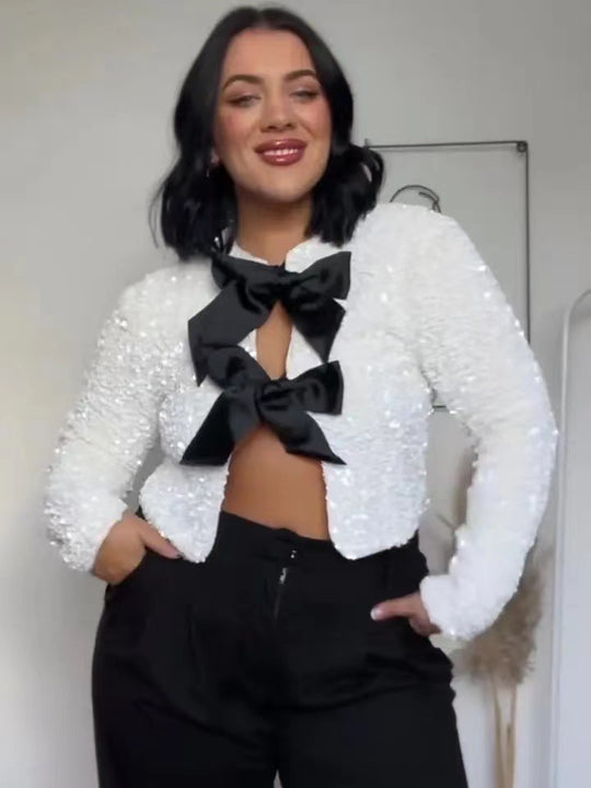 Damen Elegante Jacke mit Paillettenbesatz und Schleifen-Detail Heidi-Mode