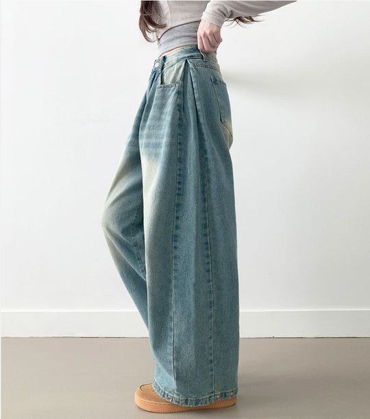 Damen Weite High-Waist Denim-Hose mit Faltenwurf Heidi-Mode