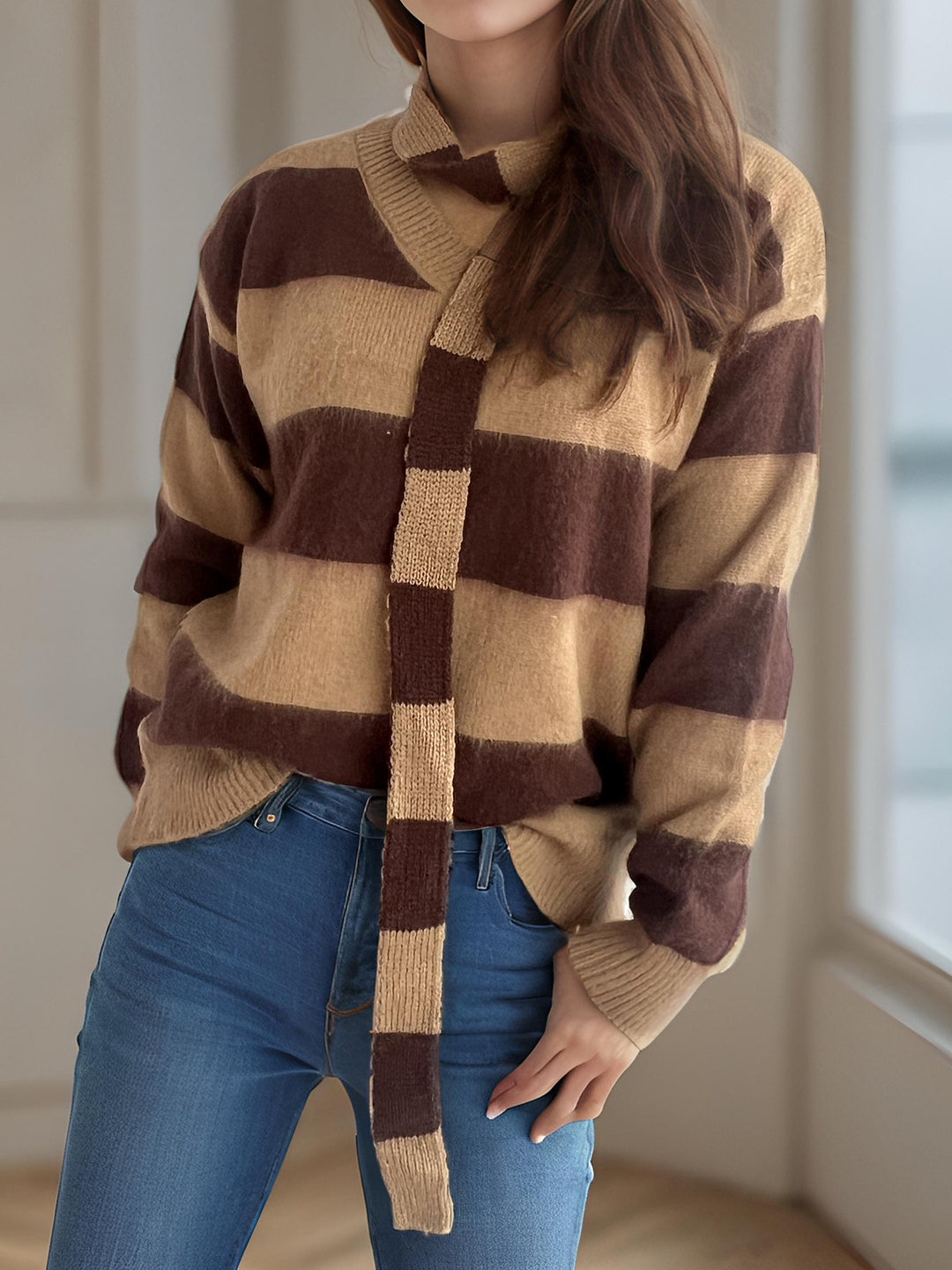 Damen lässiger Strickpullover mit modernem Streifenmuster und dekorativem Schal Heidi-Mode