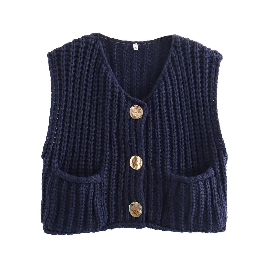 Damen Strickweste mit knopfverzierter Front und Taschen Heidi-Mode