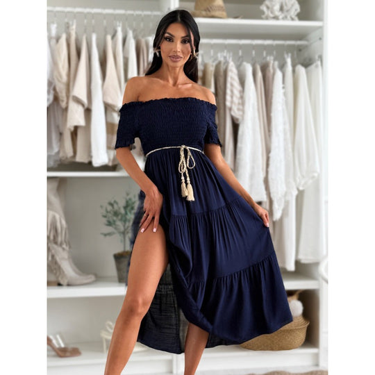 Frauen Off-Shoulder Stufenkleid Maxi Heidi-Mode 1751425501