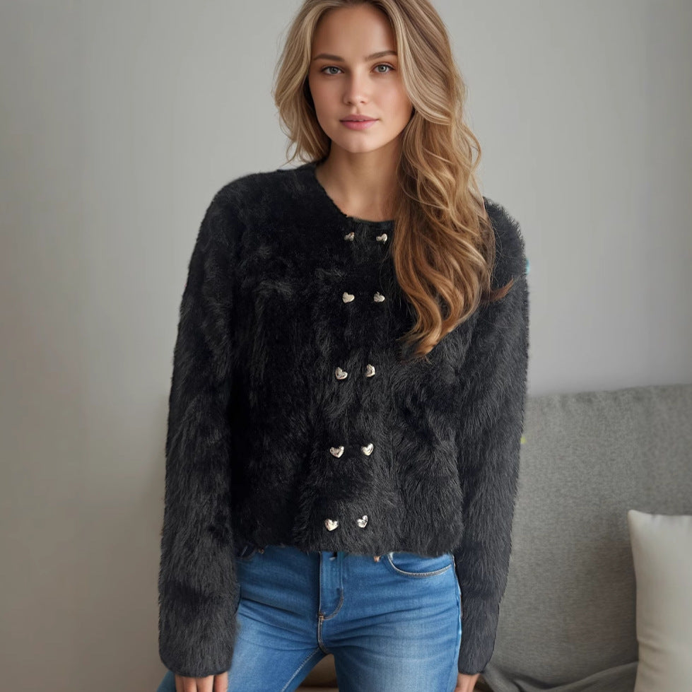 Damen flauschige Strickjacke mit herzförmigen Knöpfen und lockerer Passform Heidi-Mode