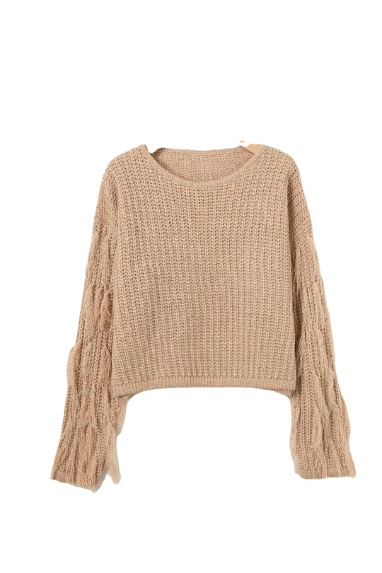 Damen trendiger Grobstrickpullover mit fransigen Ärmeln Heidi-Mode