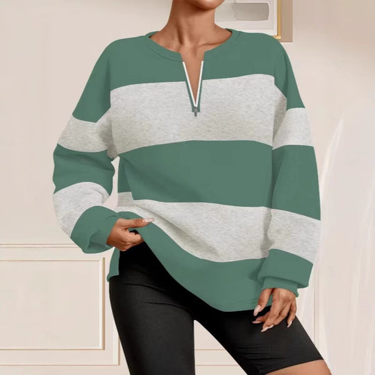 Damen Langarm Sweatshirt mit modernem Reißverschluss und gestreiftem Design Heidi-Mode