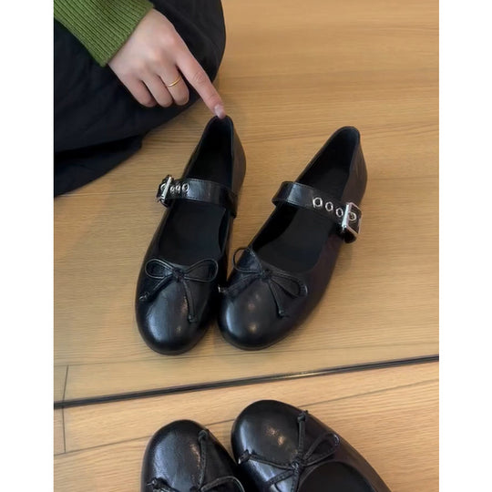 Damen Stylische Mary Jane Ballerinas mit Dekorativem Riemen und Schleifendetails Heidi-Mode