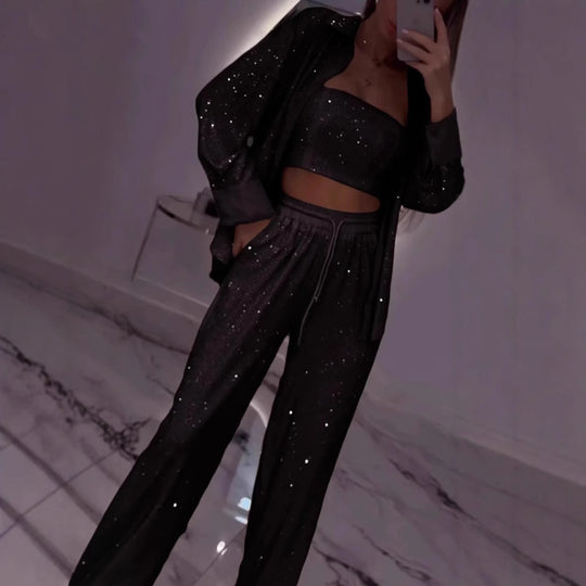 Damen Glitzerndes Lounge-Set mit modischer Jacke und komfortabler Hose Heidi-Mode
