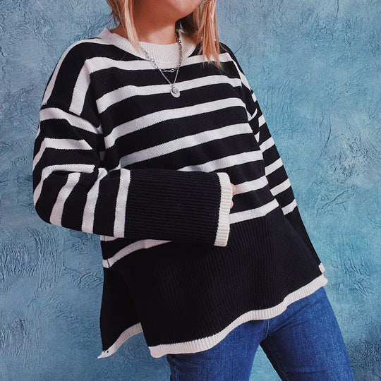 Damen lässiger Strickpullover mit modernem Streifenmuster und feiner Rippstruktur Heidi-Mode