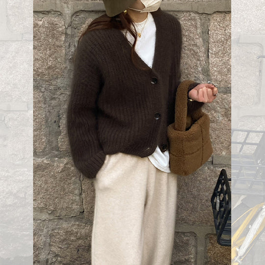 Damen Kuscheliger Strickcardigan mit großen Knöpfen Heidi-Mode