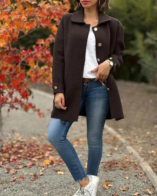 Damen Oversized Wollmantel mit dekorativen Knöpfen und großen Taschen Heidi-Mode