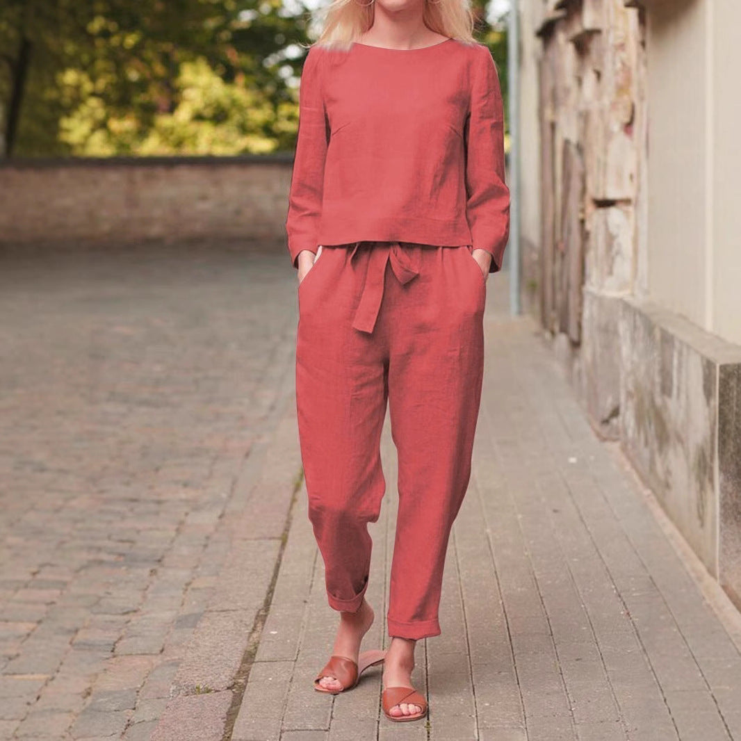 Damen Leinenanzug mit kurzem Oberteil und elastischem Bund Heidi-Mode