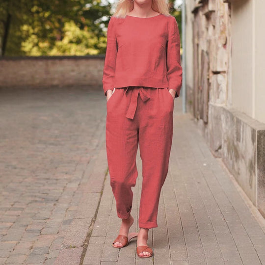 Damen Leinenanzug mit kurzem Oberteil und elastischem Bund Heidi-Mode