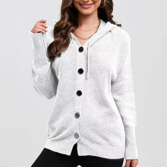 Damen lässige Strickjacke mit Kapuze und Knopfverschluss Heidi-Mode