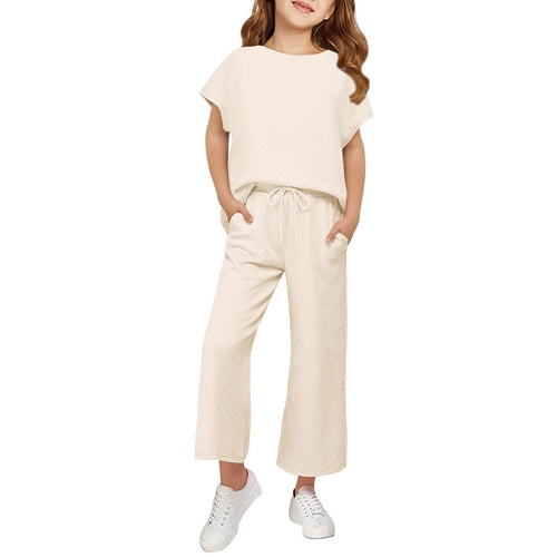 Damen lässiges Kurzarm-Oberteil und weit geschnittene Lounge-Hose Set Heidi-Mode