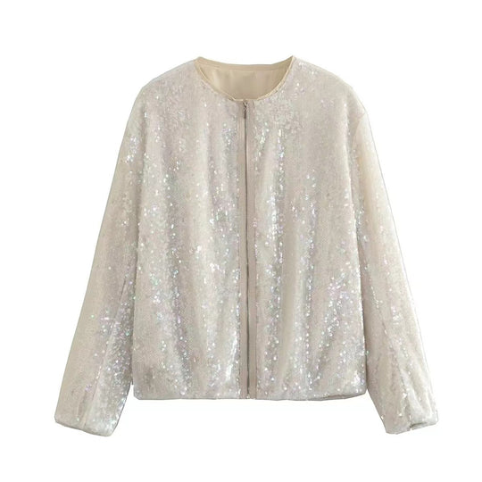 Damen Paillettenjacke mit durchgehendem Reißverschluss und elegantem Stehkragen Heidi-Mode