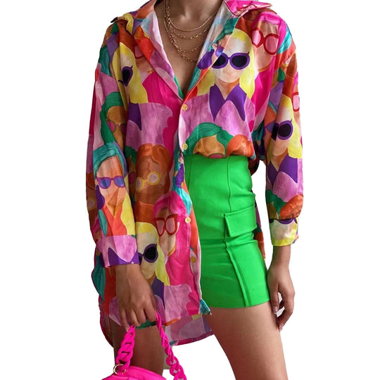 Damen Oversized Bluse mit buntem Grafikdruck Heidi-Mode