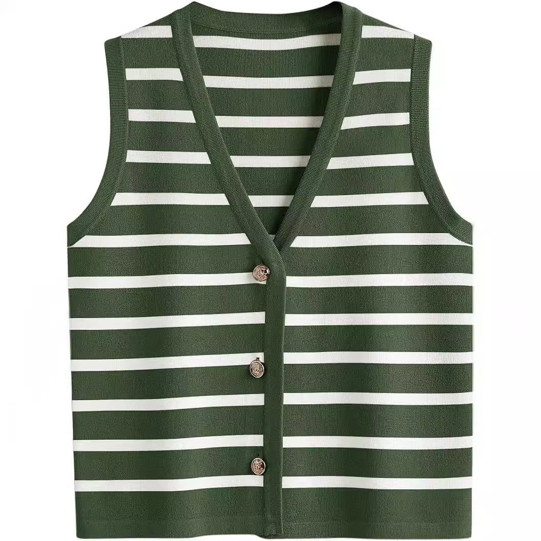 Damen ärmellose Strickweste mit V-Ausschnitt und dekorativen Knöpfen Heidi-Mode