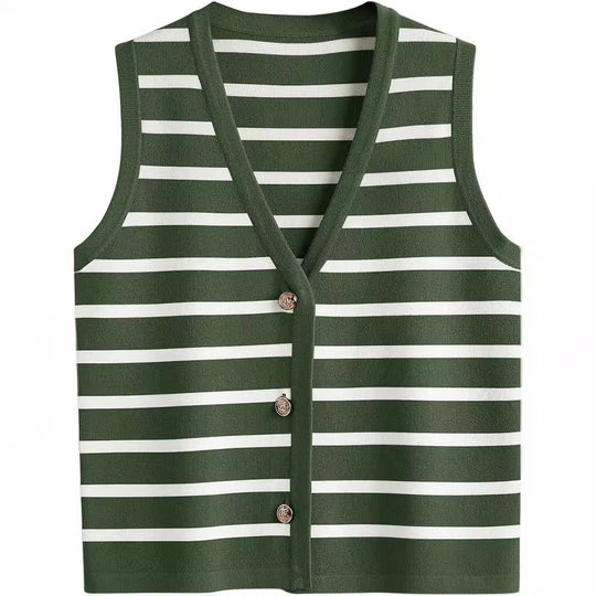 Damen ärmellose Strickweste mit V-Ausschnitt und dekorativen Knöpfen Heidi-Mode