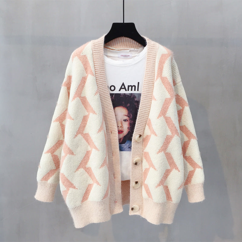 Damen Grobstrick Cardigan mit modernem Zickzackmuster und Knopfdetails Heidi-Mode