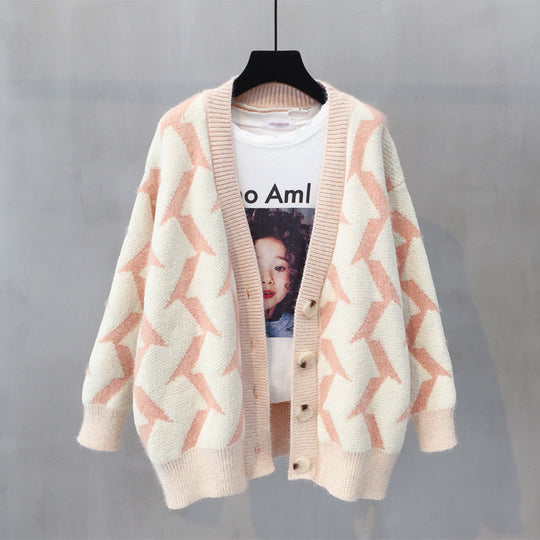 Damen Grobstrick Cardigan mit modernem Zickzackmuster und Knopfdetails Heidi-Mode