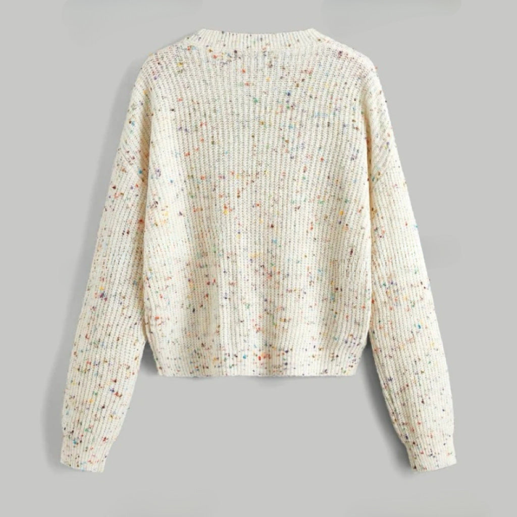 Damen lockerer Rippenpullover mit bunten Akzenten Heidi-Mode