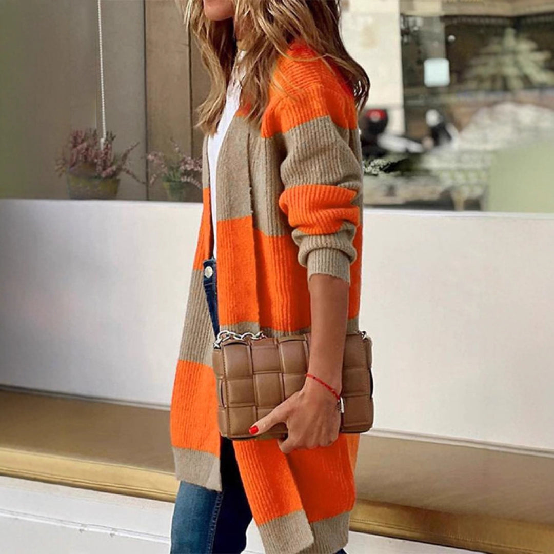Damen langärmeliger Strickcardigan mit modischem Blockstreifen Heidi-Mode