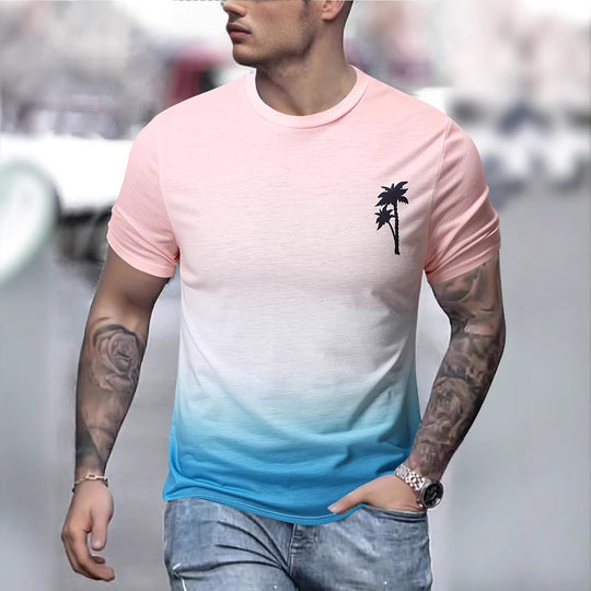 Herren T-Shirt mit modernem Farbverlauf und Palmenstickerei Heidi-Mode