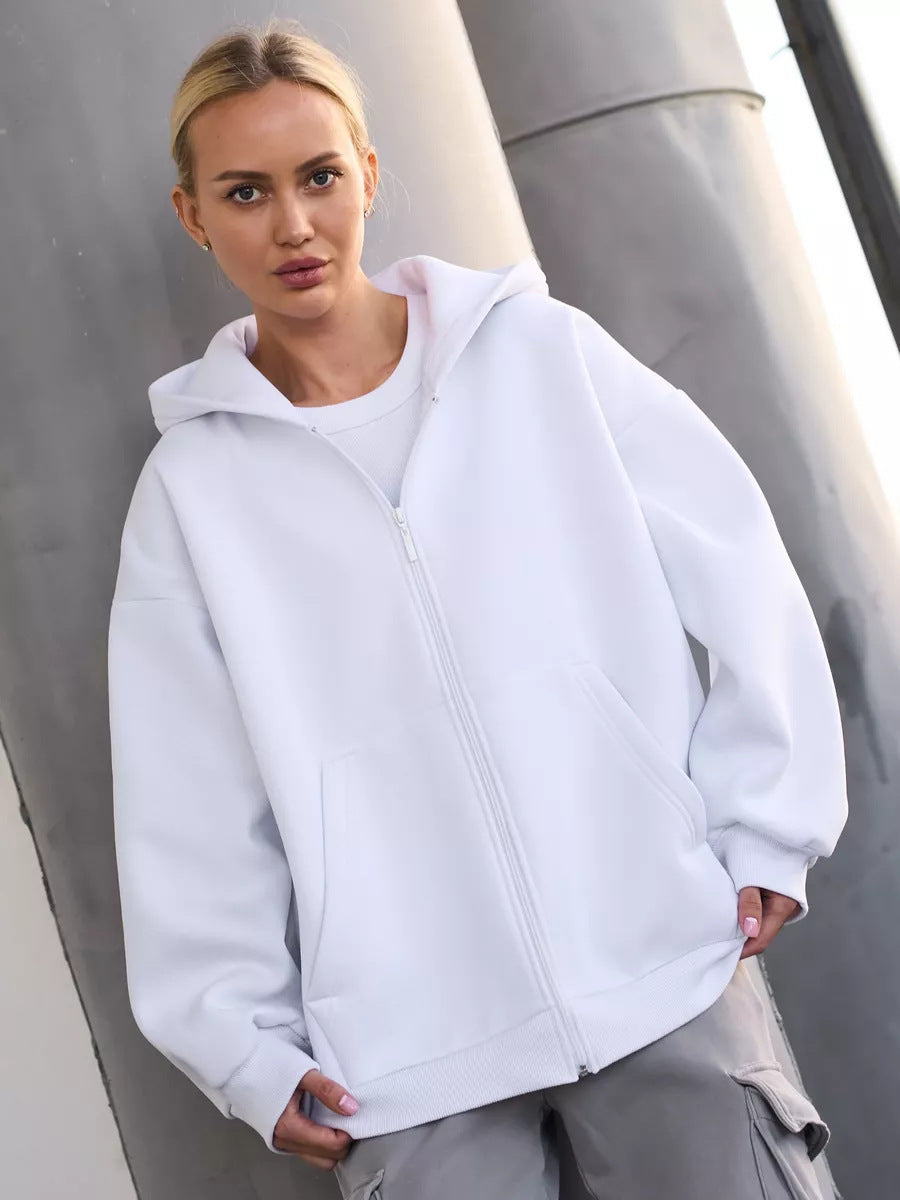 Damen oversized Kapuzenjacke mit durchgehendem Reißverschluss und großen Taschen Heidi-Mode