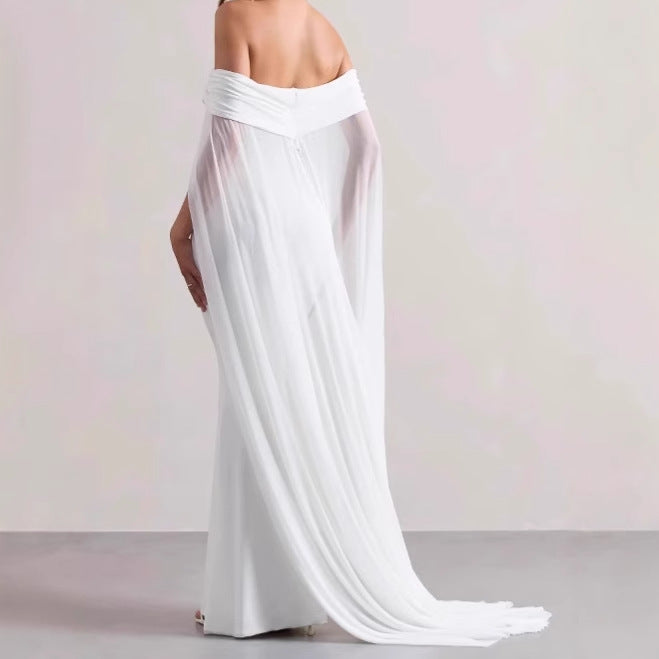 Damen Elegantes Off-Shoulder Abendkleid mit fließendem Transparenz-Cape und figurumspielendem Schnitt Heidi-Mode