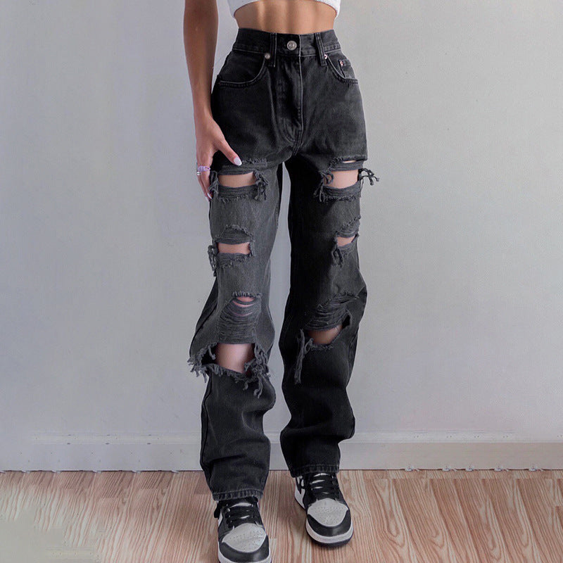 Heidi-Mode | Frauen Hoch Taillierte Lockere Jeans mit Rissen und Löchern