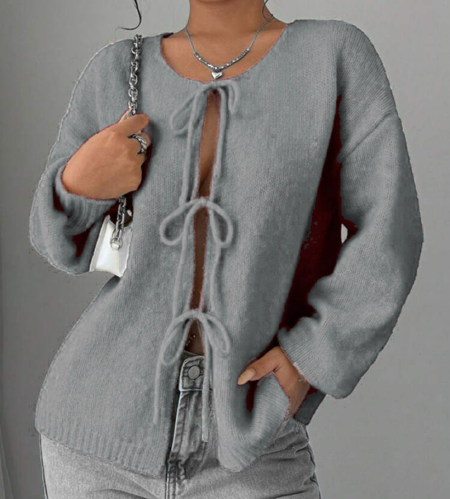 Damen Oversized Strickpullover mit dekorativem Schnürdetail Heidi-Mode