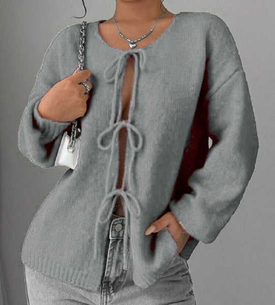 Damen Oversized Strickpullover mit dekorativem Schnürdetail Heidi-Mode