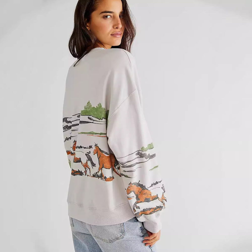 Damen Sweatshirt mit kreativer Pferdemotiv-Grafik und lässigem Schnitt Heidi-Mode