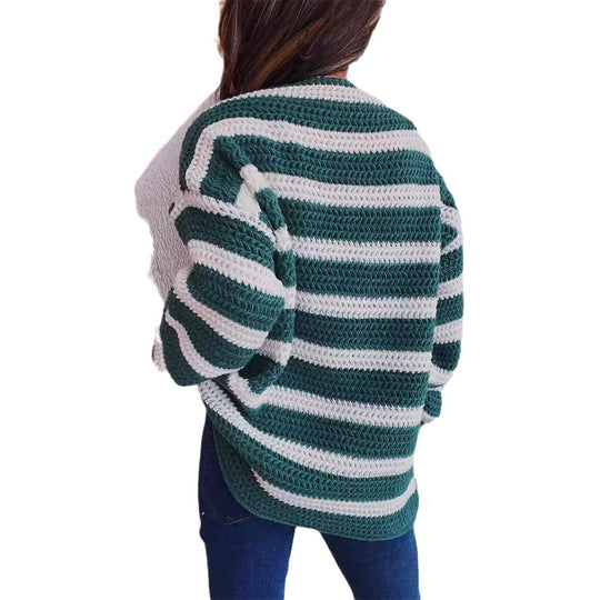 Damen lässiger Strickpullover mit blockierendem Streifenmuster und weitem Schnitt Heidi-Mode