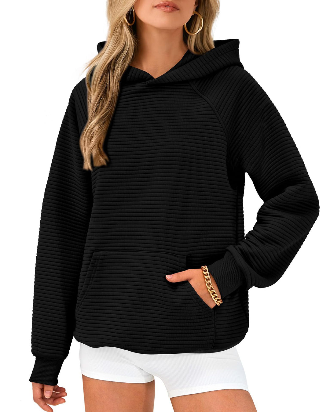 Damen Kuscheliger Waffelpullover mit Kapuze und Kängurutasche Heidi-Mode