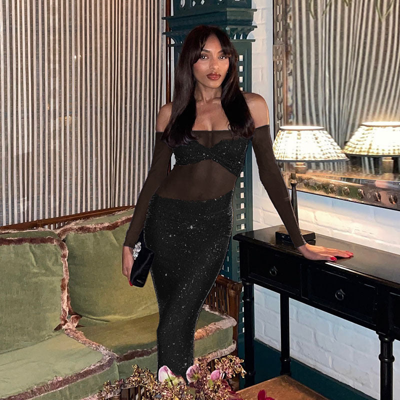 Damen schickes Abendkleid mit transparenten Ärmeln und Pailletten Heidi-Mode