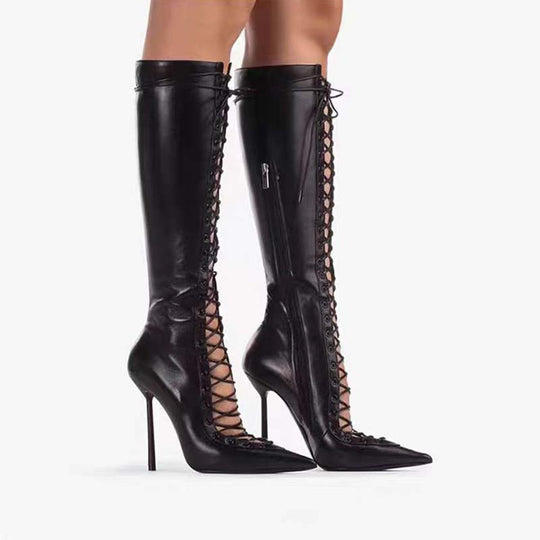 Femme Schnürspitze Stiletto Oberschenkelhohe Stiefel Heidi-Mode