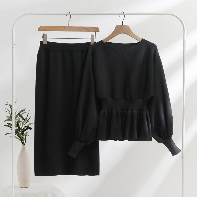 Damen elegantes Strickensemble mit Raffung und Ballonärmeln Heidi-Mode