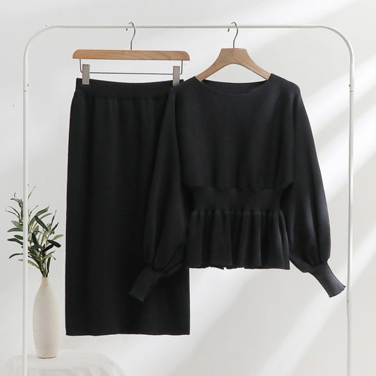 Damen elegantes Strickensemble mit Raffung und Ballonärmeln Heidi-Mode