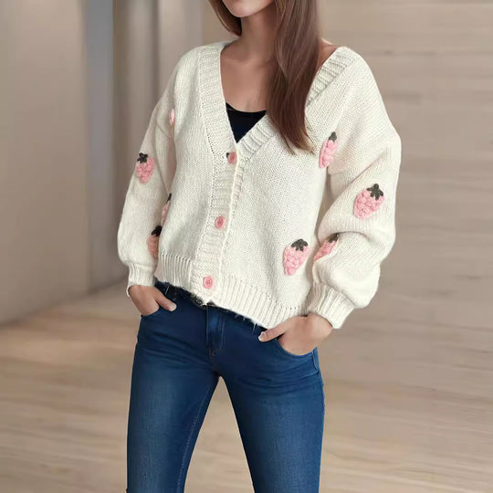 Damen Strickjacke mit verspielten Obstapplikationen Heidi-Mode
