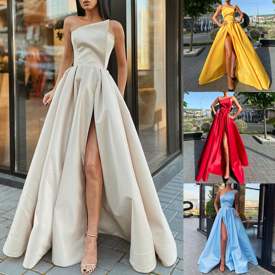 Damen Extravagantes Abendkleid mit asymmetrischem Oberteil und hohem Schlitz Heidi-Mode