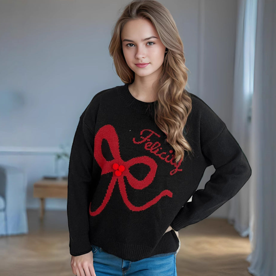 Damen kuscheliger Pullover mit verspielt gestalteter Schleifenapplikation Heidi-Mode